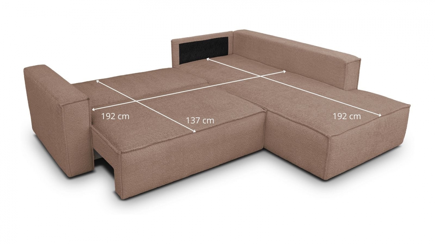 Canapé d'angle ouvert à droite convertible 3 places en tissu bouclé rose poudré - Emma Canapé d'angle ouvert à droite convertible 3 places en tissu bouclé rose poudré - Emma