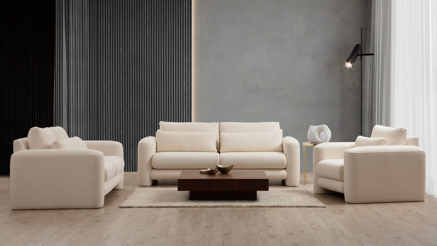 Canapé droit 2 places en tissu teddy beige - Amaya Canapé droit 2 places en tissu teddy beige - Amaya