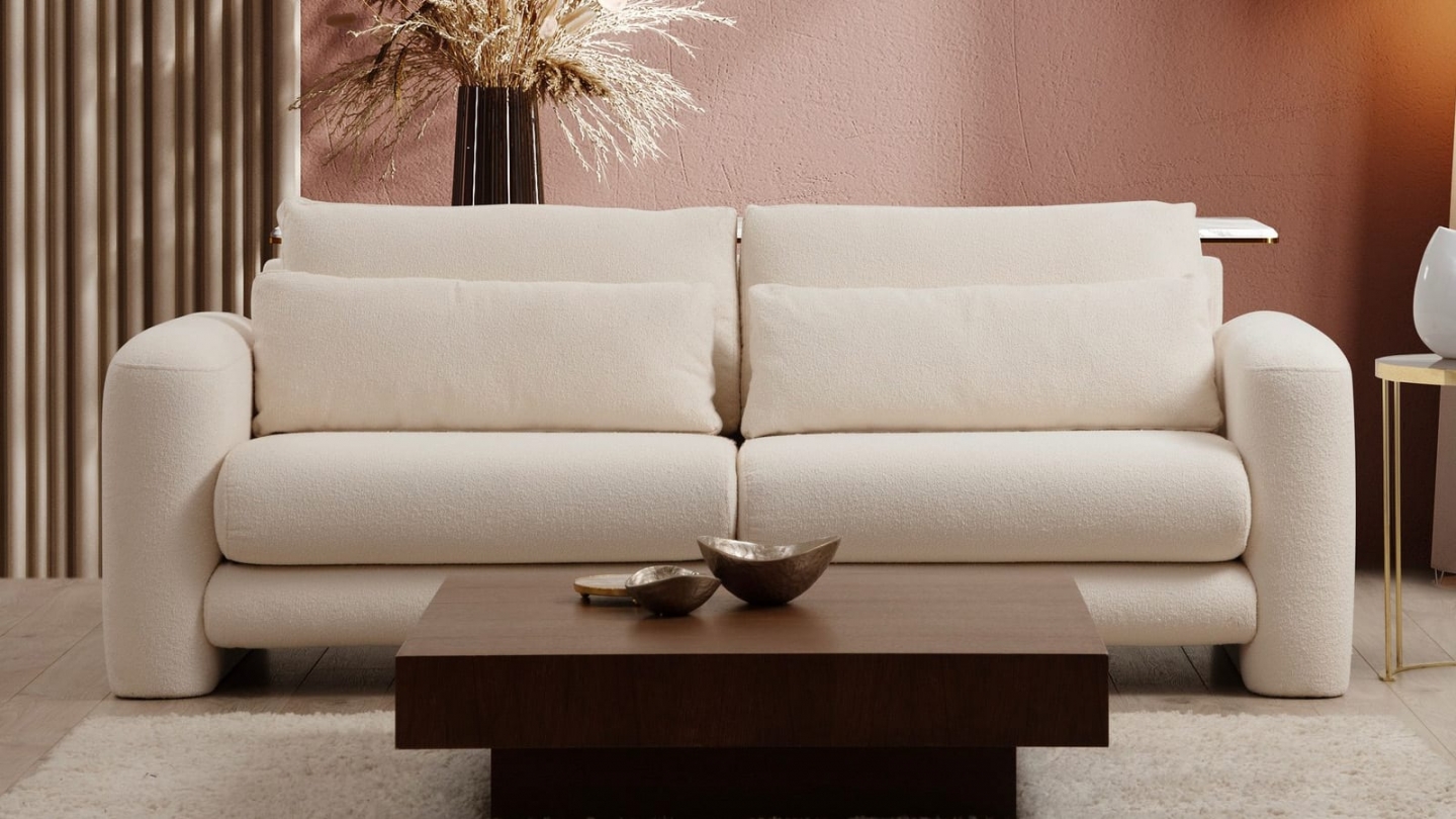 Canapé droit 3 places en tissu teddy beige - Amaya Canapé droit 3 places en tissu teddy beige - Amaya