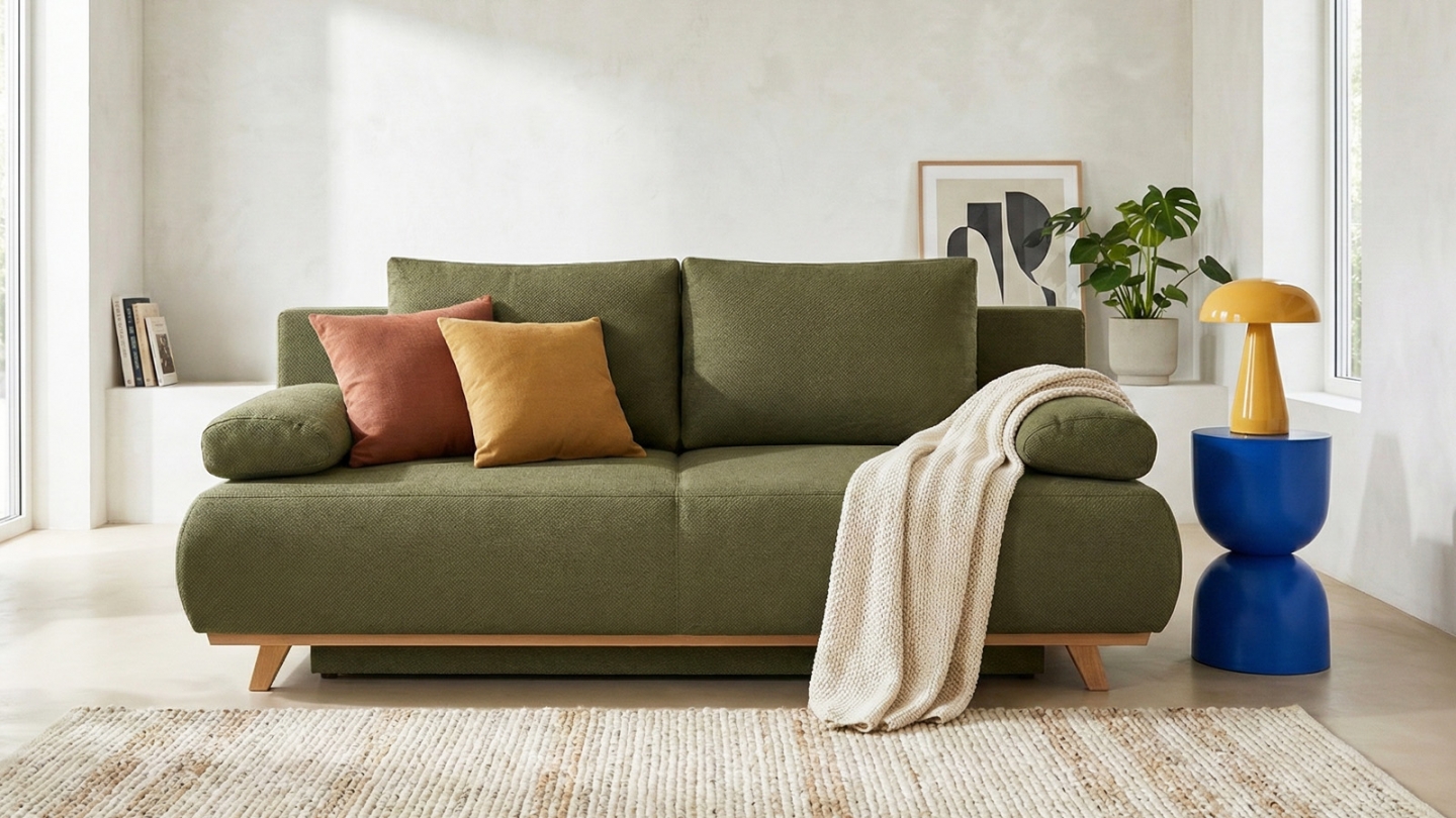 Canapé convertible 3 places avec coffre de rangement en tissu chenille vert kaki - Laria Canapé convertible 3 places avec coffre de rangement en tissu chenille vert kaki - Laria