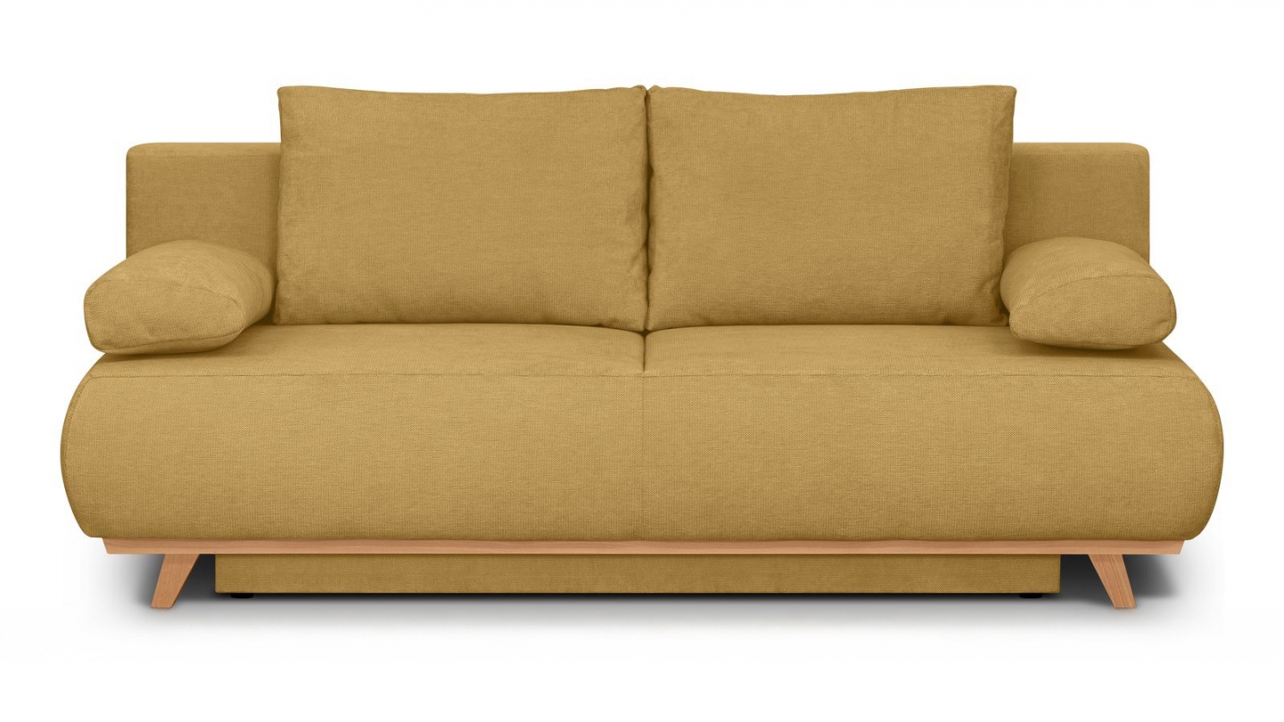 Canapé convertible 3 places avec coffre de rangement en tissu chenille jaune moutarde - Laria Canapé convertible 3 places avec coffre de rangement en tissu chenille jaune moutarde - Laria