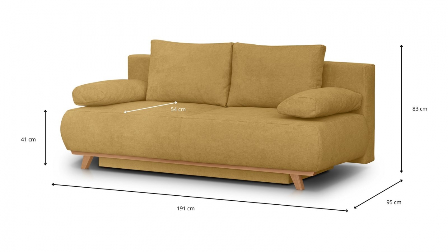 Canapé convertible 3 places avec coffre de rangement en tissu chenille jaune moutarde - Laria Canapé convertible 3 places avec coffre de rangement en tissu chenille jaune moutarde - Laria