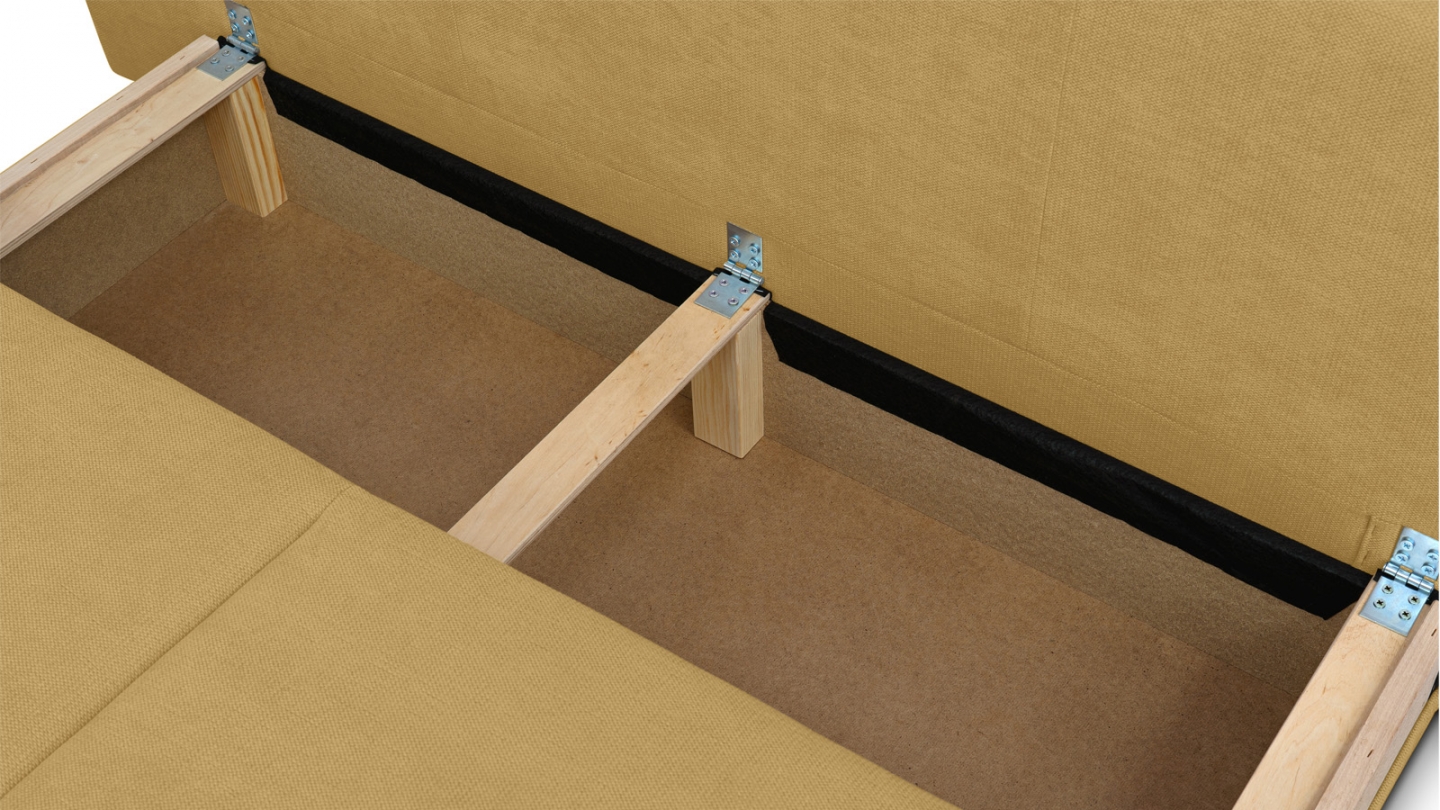 Canapé convertible 3 places avec coffre de rangement en tissu chenille jaune moutarde - Laria Canapé convertible 3 places avec coffre de rangement en tissu chenille jaune moutarde - Laria