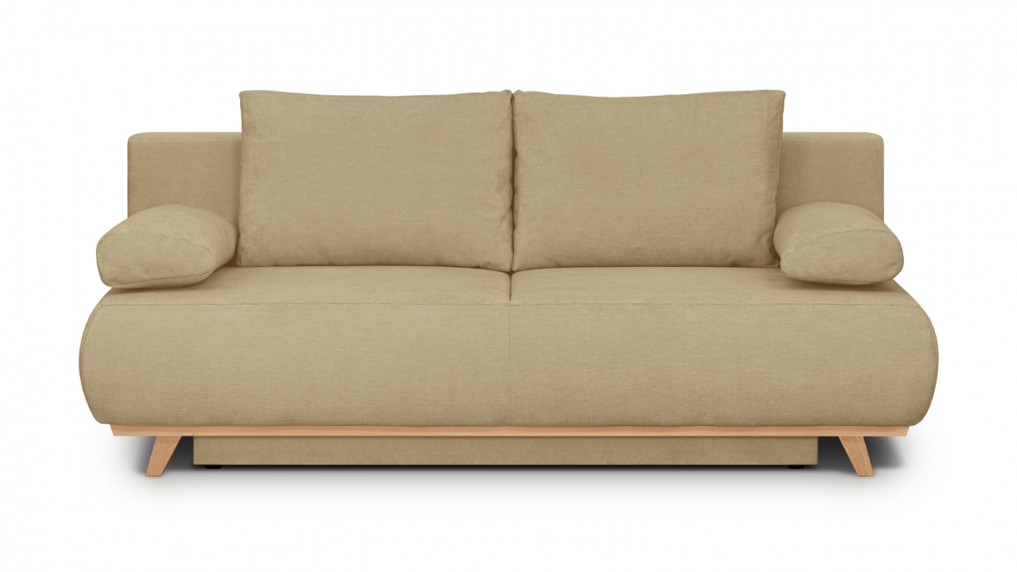 Canapé convertible 3 places avec coffre de rangement en tissu chenille miel - Laria Canapé convertible 3 places avec coffre de rangement en tissu chenille miel - Laria