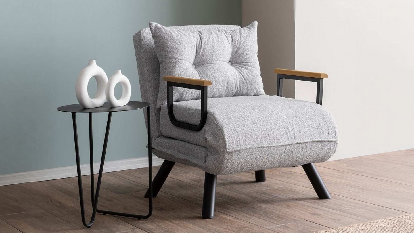 Fauteuil convertible avec dossier réglable en tissu teddy gris - Enea Fauteuil convertible avec dossier réglable en tissu teddy gris - Enea