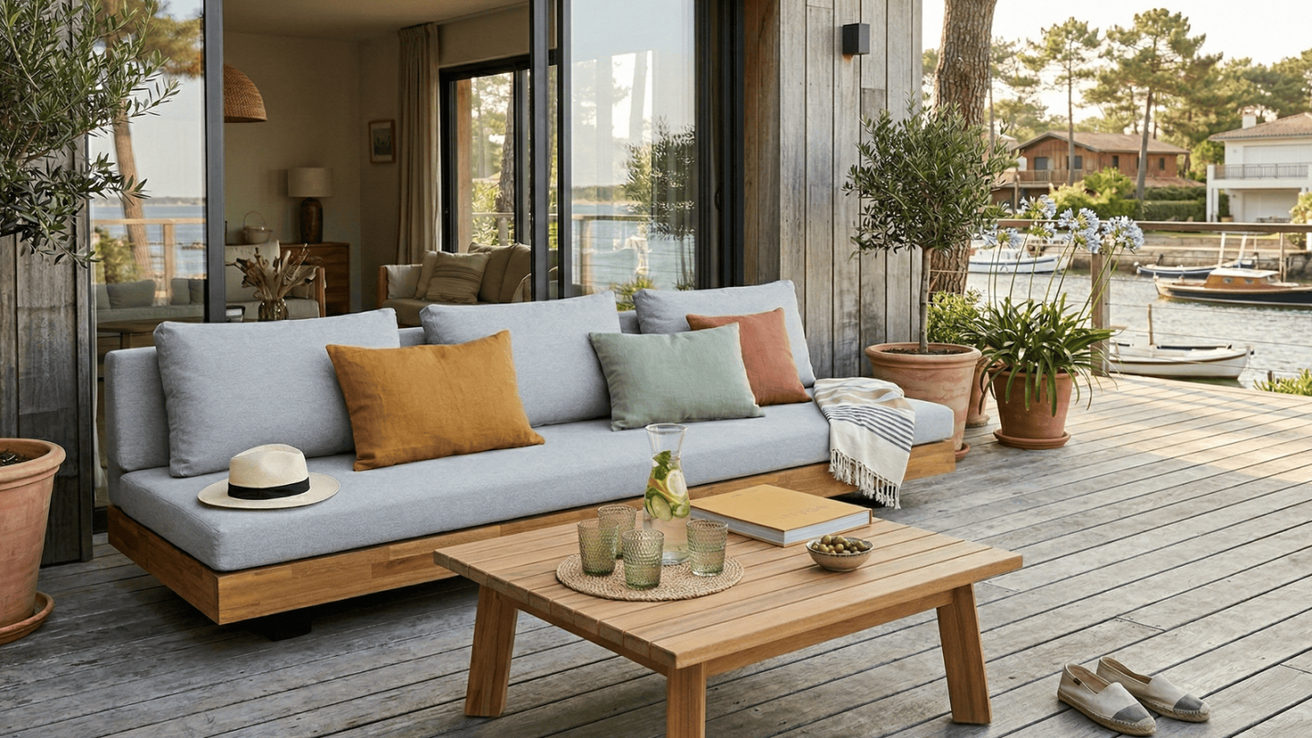 Ensemble de canapés de jardin 5 places en bois FSC - Coussins gris chiné - Capri Ensemble de canapés de jardin 5 places en bois FSC - Coussins gris chiné - Capri