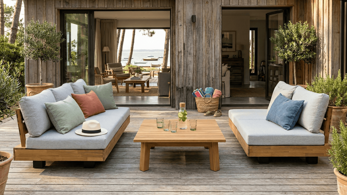 Ensemble de canapés de jardin 5 places en bois FSC - Coussins gris chiné - Capri Ensemble de canapés de jardin 5 places en bois FSC - Coussins gris chiné - Capri