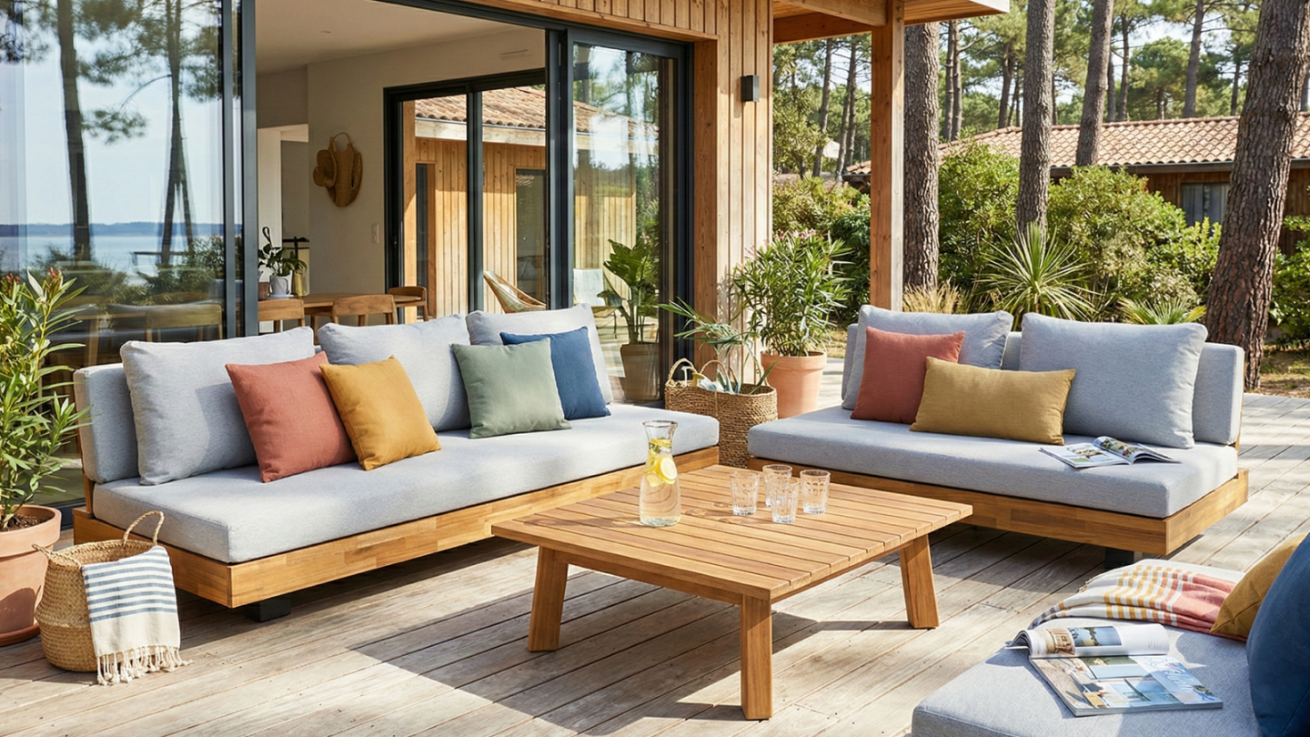 Salon de jardin 5 places en bois FSC - Coussins gris chine - Capri Salon de jardin 5 places en bois FSC - Coussins gris chine - Capri