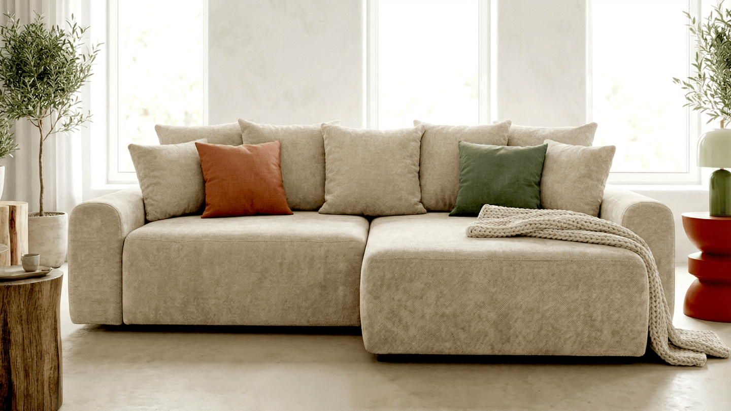 Canapé d'angle convertible réversible 4 places avec coffre de rangement en tissu chenille beige - Monceau Canapé d'angle convertible réversible 4 places avec coffre de rangement en tissu chenille beige - Monceau