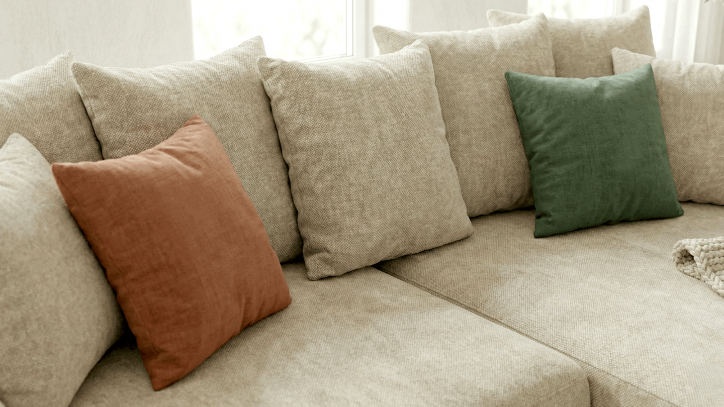 Canapé d'angle convertible réversible 4 places avec coffre de rangement en tissu chenille beige - Monceau Canapé d'angle convertible réversible 4 places avec coffre de rangement en tissu chenille beige - Monceau