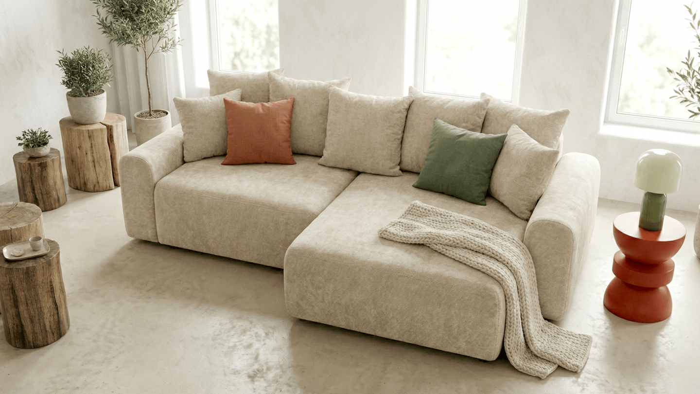 Canapé d'angle convertible réversible 4 places avec coffre de rangement en tissu chenille beige - Monceau Canapé d'angle convertible réversible 4 places avec coffre de rangement en tissu chenille beige - Monceau