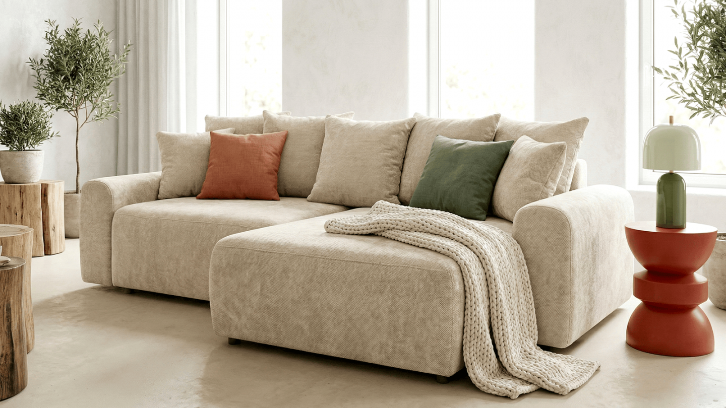 Canapé d'angle convertible réversible 4 places avec coffre de rangement en tissu chenille beige - Monceau Canapé d'angle convertible réversible 4 places avec coffre de rangement en tissu chenille beige - Monceau