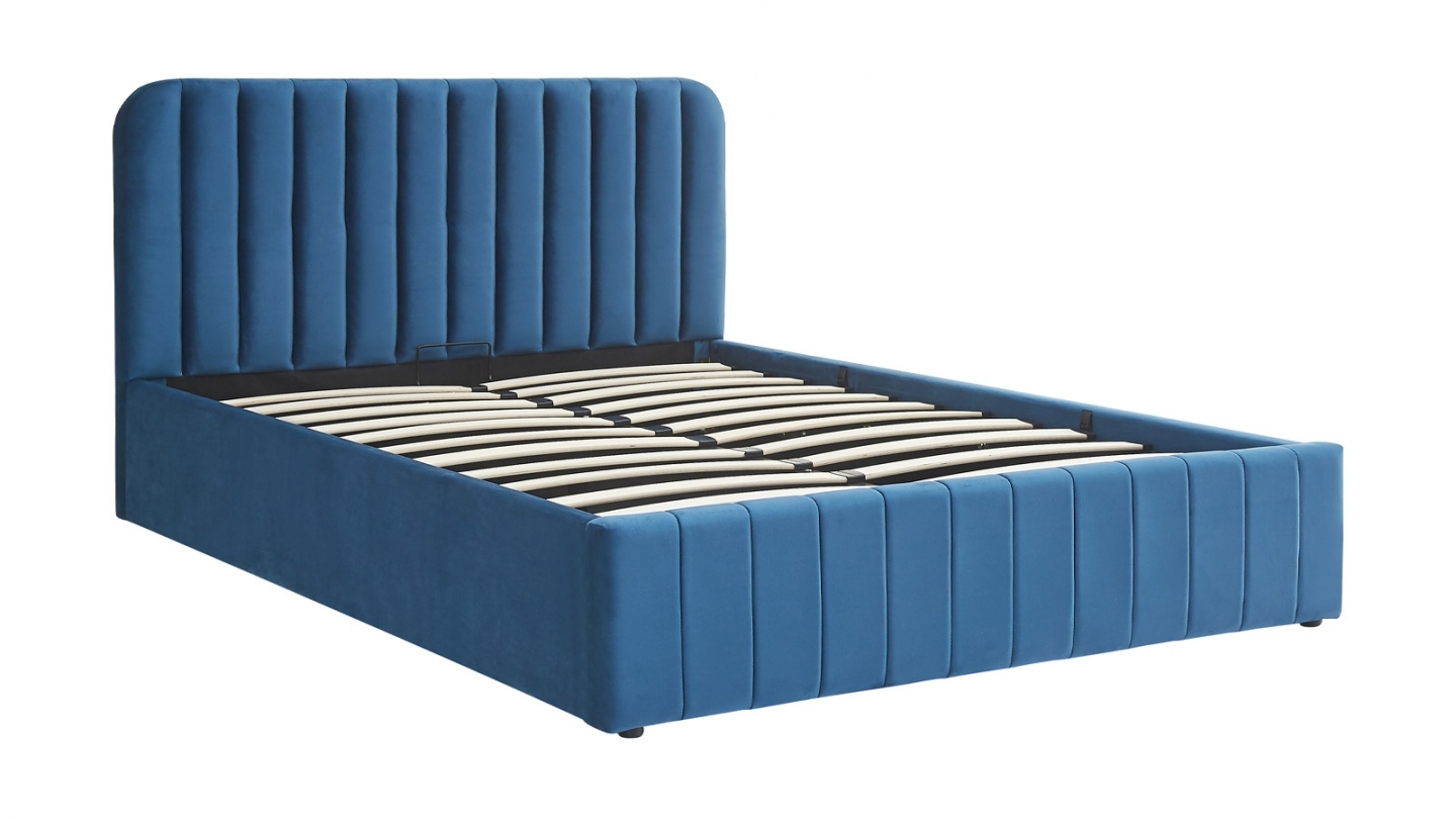 Lit coffre adulte 140x190 cm avec tête de lit capitonnée en velours bleu nuit - Ava Lit coffre adulte 140x190 cm avec tête de lit capitonnée en velours bleu nuit - Ava