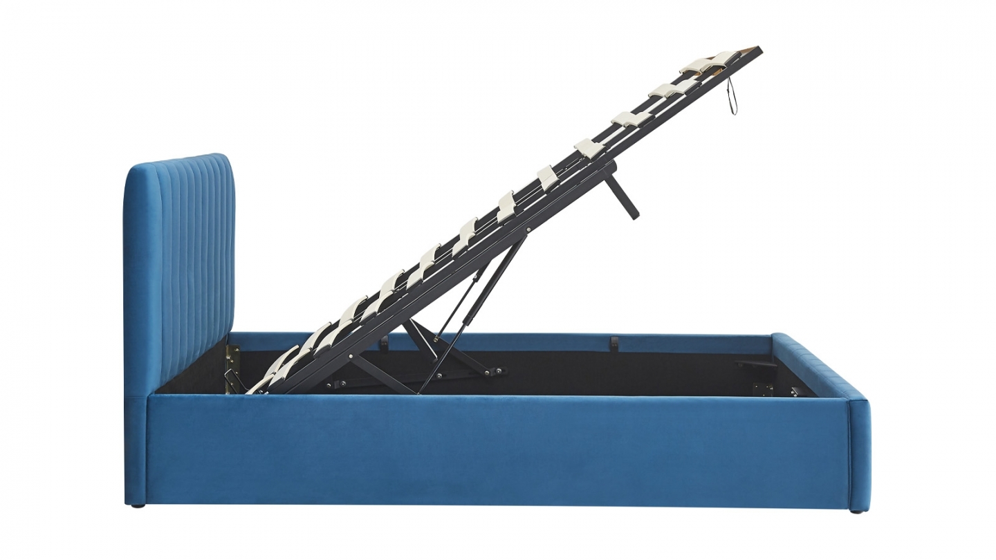 Lit coffre adulte 140x190 cm avec tête de lit capitonnée en velours bleu nuit - Ava Lit coffre adulte 140x190 cm avec tête de lit capitonnée en velours bleu nuit - Ava