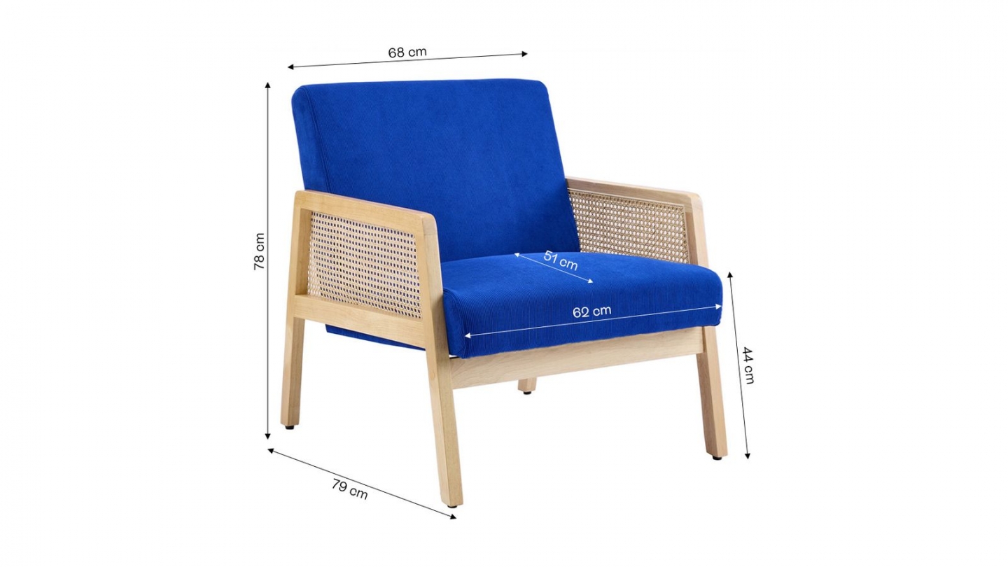 Fauteuil en cannage et velours côtelé bleu électrique - Mani Fauteuil en cannage et velours côtelé bleu électrique - Mani