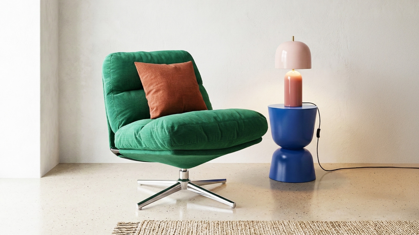 Fauteuil pivotant en velours côtelé vert électrique et piètement chromé - Julia Fauteuil pivotant en velours côtelé vert électrique et piètement chromé - Julia