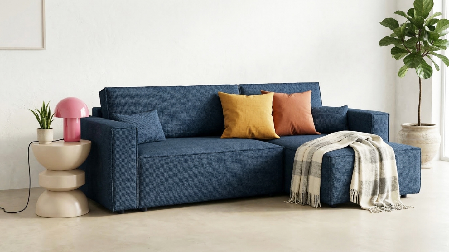 Canapé d'angle convertible réversible 4 places avec coffre de rangement en tissu chenille bleu foncé - Livia Canapé d'angle convertible réversible 4 places avec coffre de rangement en tissu chenille bleu foncé - Livia