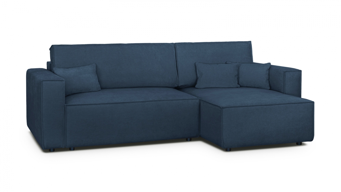Canapé d'angle convertible réversible 4 places avec coffre de rangement en tissu chenille bleu foncé - Livia Canapé d'angle convertible réversible 4 places avec coffre de rangement en tissu chenille bleu foncé - Livia