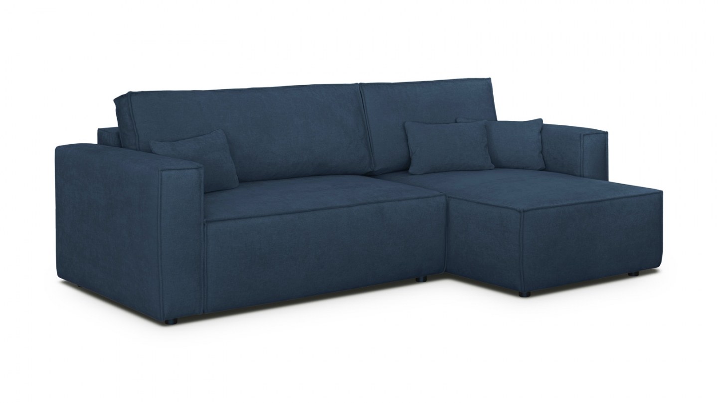 Canapé d'angle convertible réversible 4 places avec coffre de rangement en tissu chenille bleu foncé - Livia Canapé d'angle convertible réversible 4 places avec coffre de rangement en tissu chenille bleu foncé - Livia