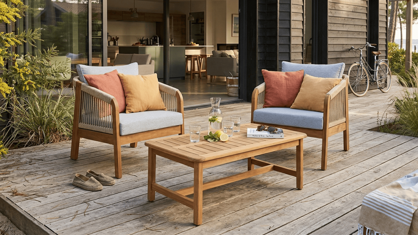 Salon de jardin 2 places en bois FSC - 2 fauteuils et table basse - Symi Salon de jardin 2 places en bois FSC - 2 fauteuils et table basse - Symi