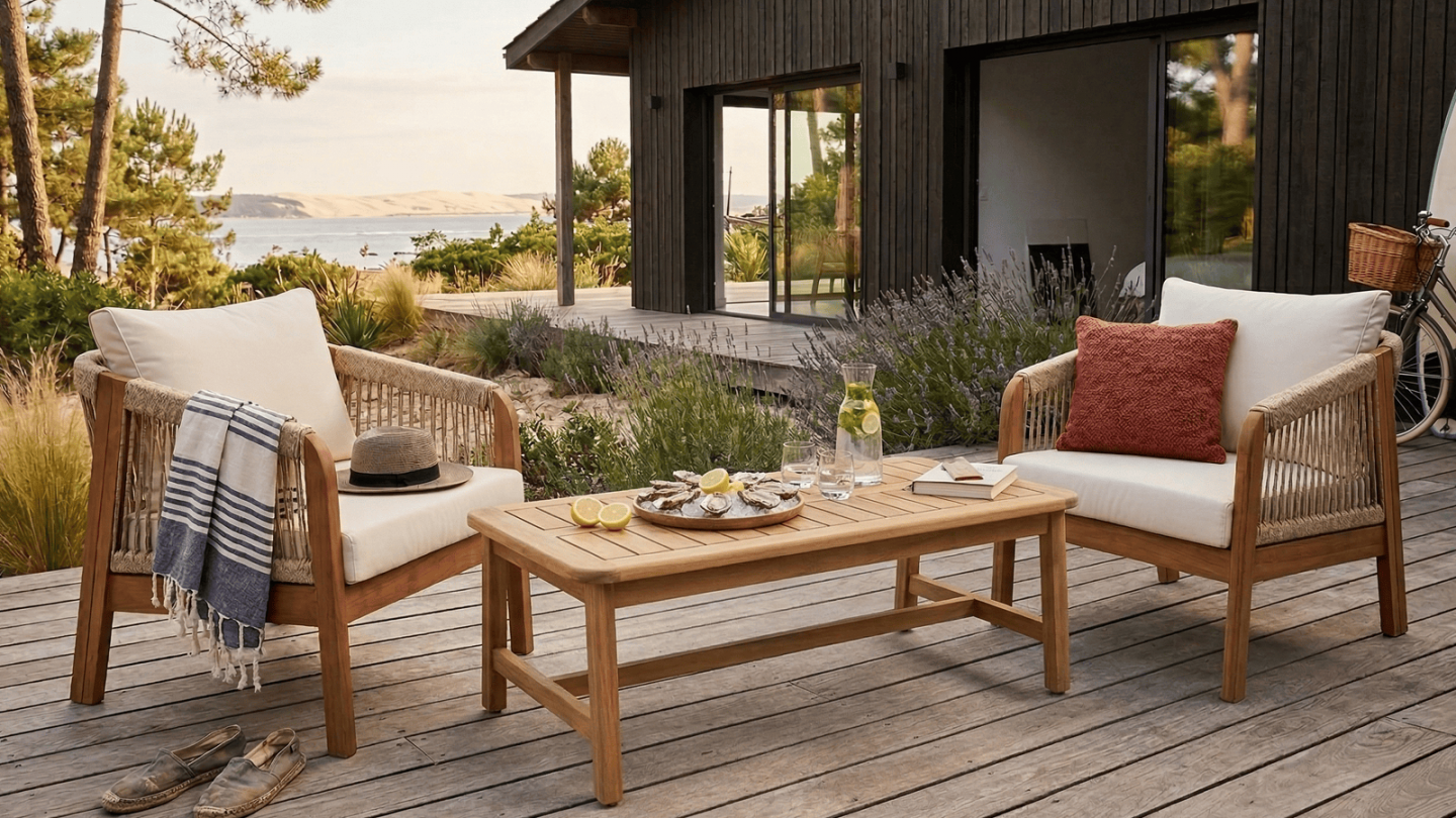 Lot de 2 fauteuils de jardin en bois FSC - coussins beiges - Symi Lot de 2 fauteuils de jardin en bois FSC - coussins beiges - Symi