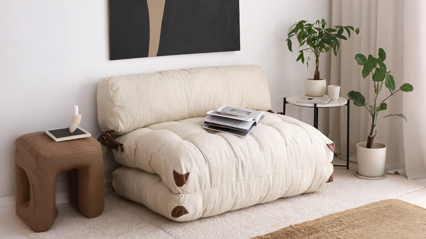 Chauffeuse convertible 2 places en tissu teddy beige - Lucho Chauffeuse convertible 2 places en tissu teddy beige - Lucho