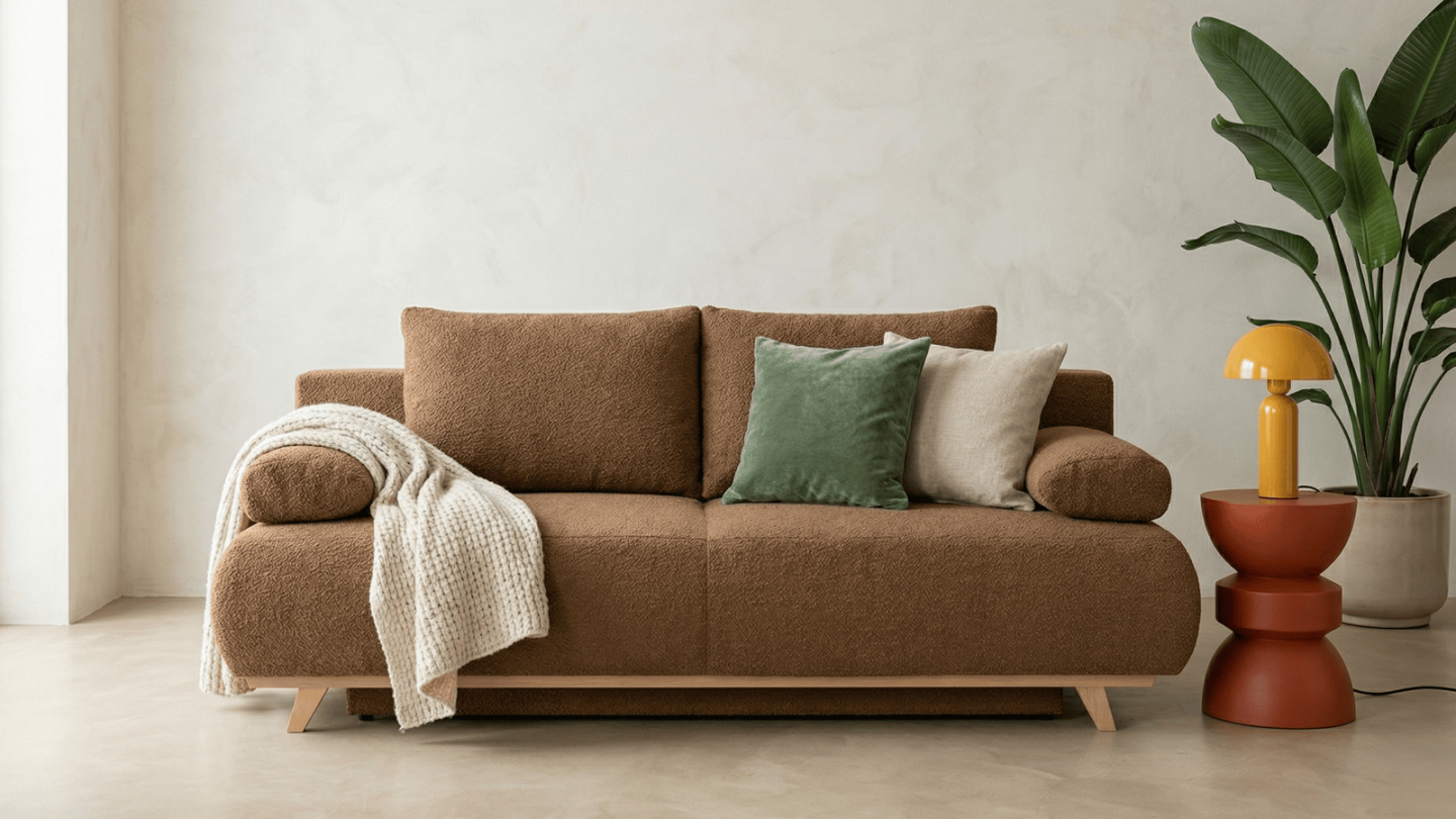 Canapé convertible 3 places avec coffre de rangement en tissu bouclé rouille - Laria Canapé convertible 3 places avec coffre de rangement en tissu bouclé rouille - Laria