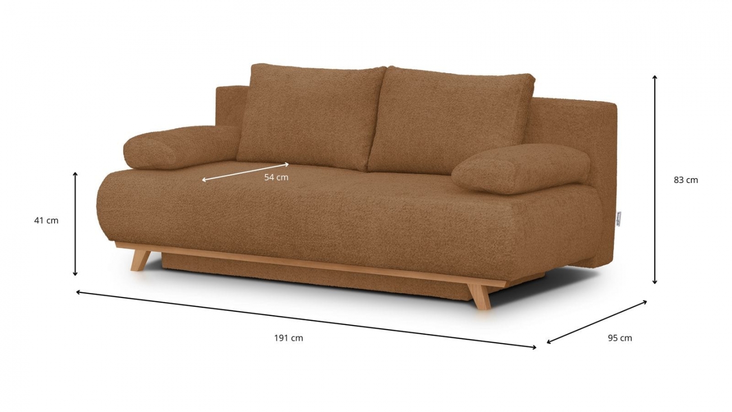 Canapé convertible 3 places avec coffre de rangement en tissu bouclé rouille - Laria Canapé convertible 3 places avec coffre de rangement en tissu bouclé rouille - Laria