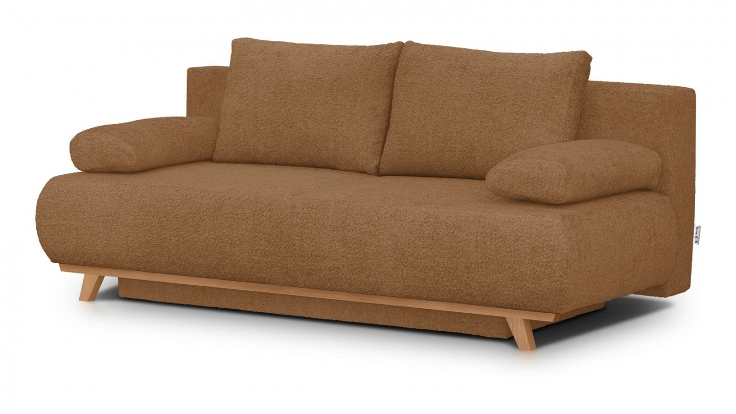 Canapé convertible 3 places avec coffre de rangement en tissu bouclé rouille - Laria Canapé convertible 3 places avec coffre de rangement en tissu bouclé rouille - Laria