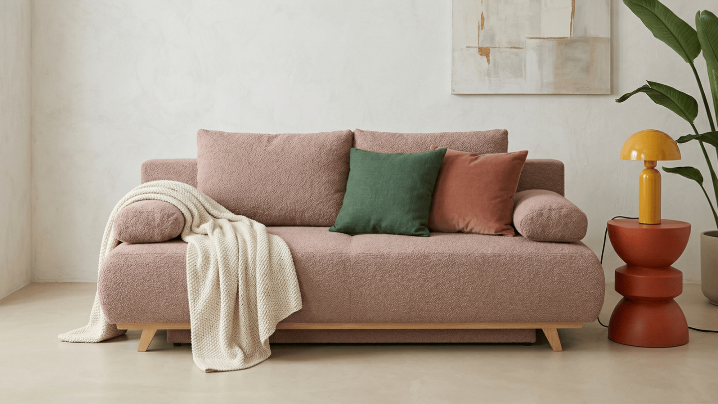 Canapé convertible 3 places avec coffre de rangement en tissu bouclé rose poudré - Laria Canapé convertible 3 places avec coffre de rangement en tissu bouclé rose poudré - Laria