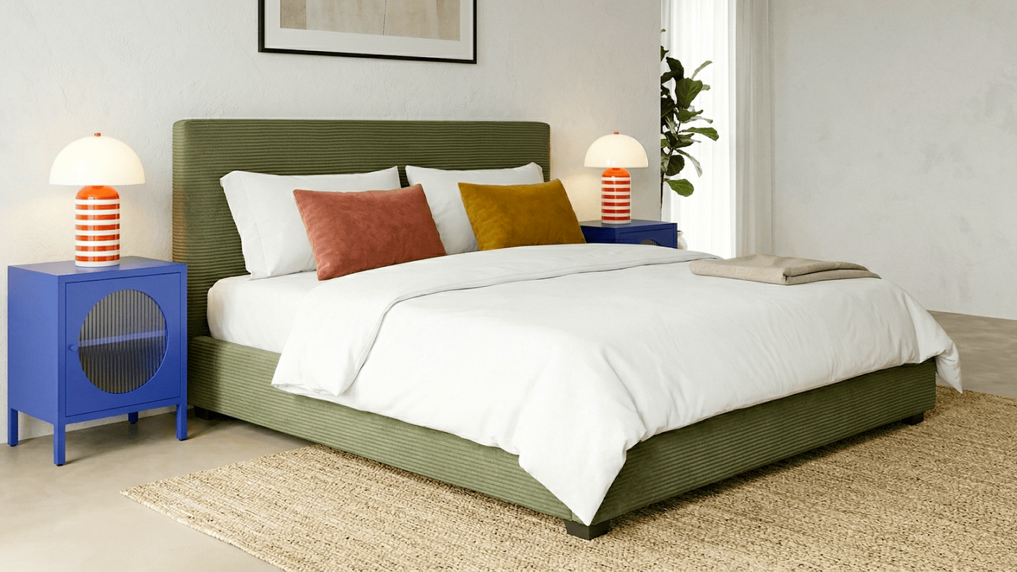 Lit adulte 180x200 cm avec tête de lit capitonnée en velours côtelé vert - William Lit adulte 180x200 cm avec tête de lit capitonnée en velours côtelé vert - William