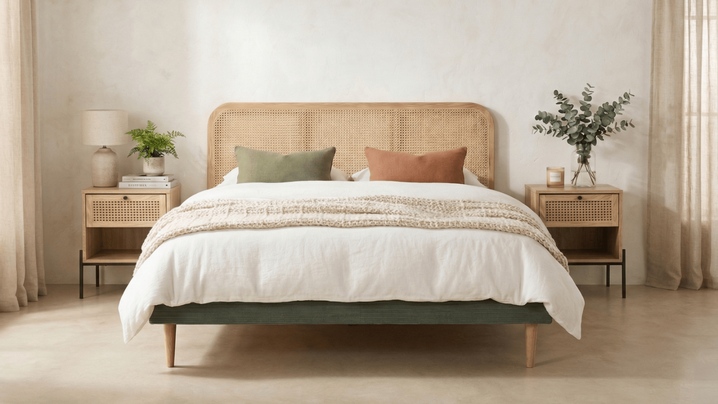 Ensemble Lit adulte 160x200 cm en velours côtelé vert kaki avec tête de lit en cannage Dalia + lot de 2 chevets Iris Ensemble Lit adulte 160x200 cm en velours côtelé vert kaki avec tête de lit en cannage Dalia + lot de 2 chevets Iris