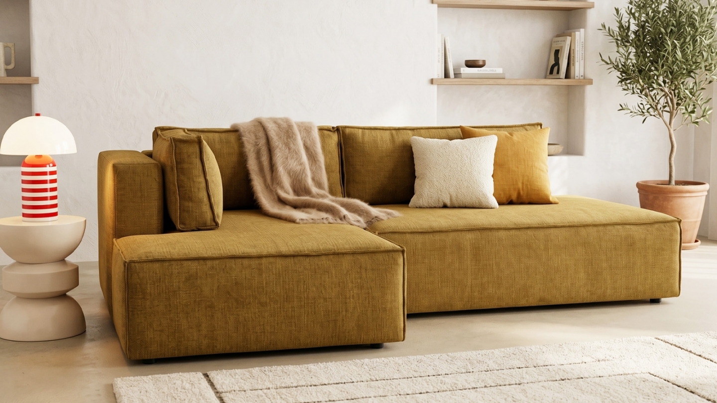 Canapé d'angle à droite convertible 3 places avec coffre en tissu chenille bronze - Barani Canapé d'angle à droite convertible 3 places avec coffre en tissu chenille bronze - Barani