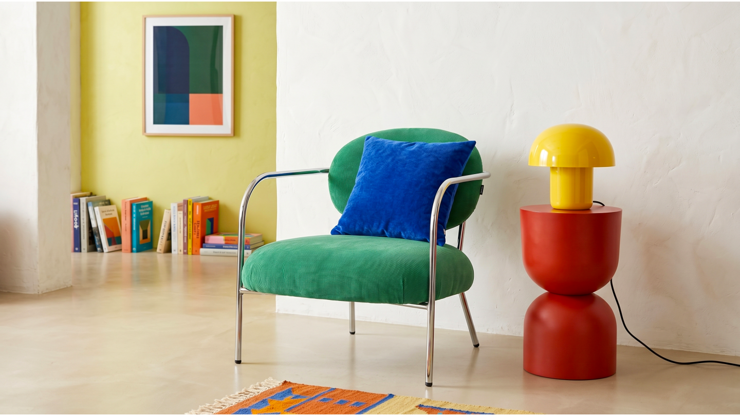 Fauteuil en velours côtelé vert électrique et piètement chromé - Léon Fauteuil en velours côtelé vert électrique et piètement chromé - Léon