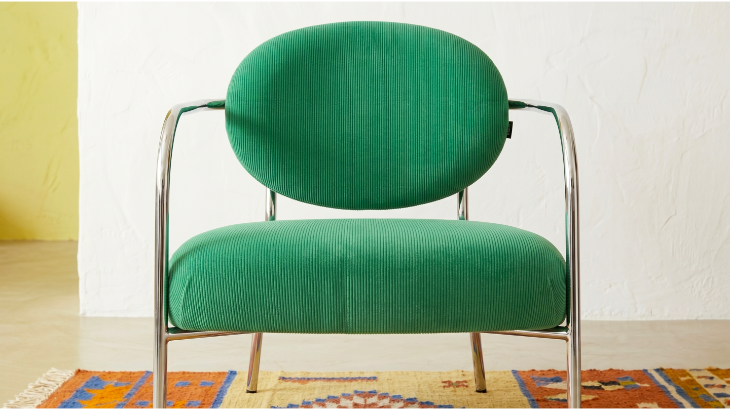 Fauteuil en velours côtelé vert électrique et piètement chromé - Léon Fauteuil en velours côtelé vert électrique et piètement chromé - Léon