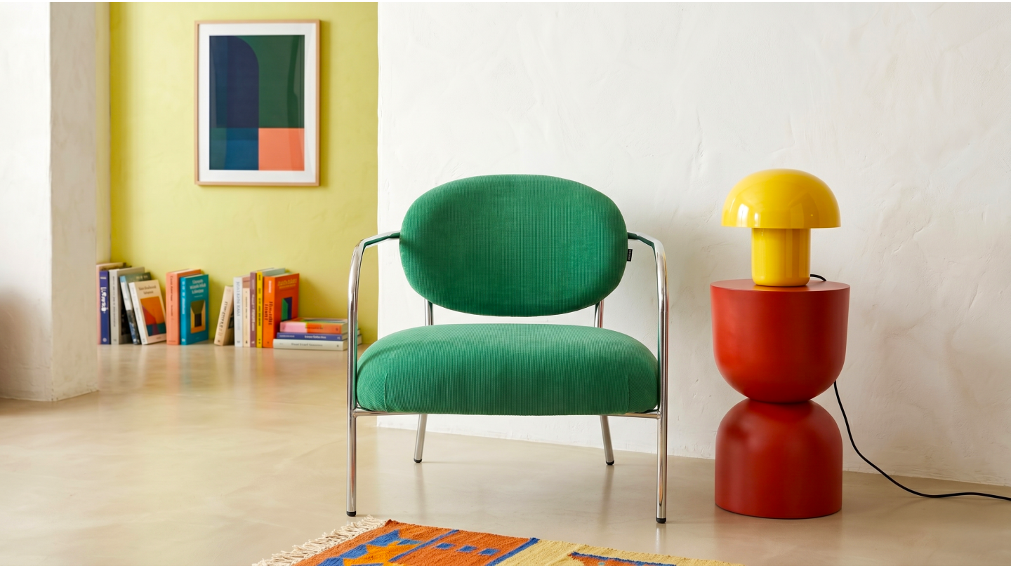 Fauteuil en velours côtelé vert électrique et piètement chromé - Léon Fauteuil en velours côtelé vert électrique et piètement chromé - Léon