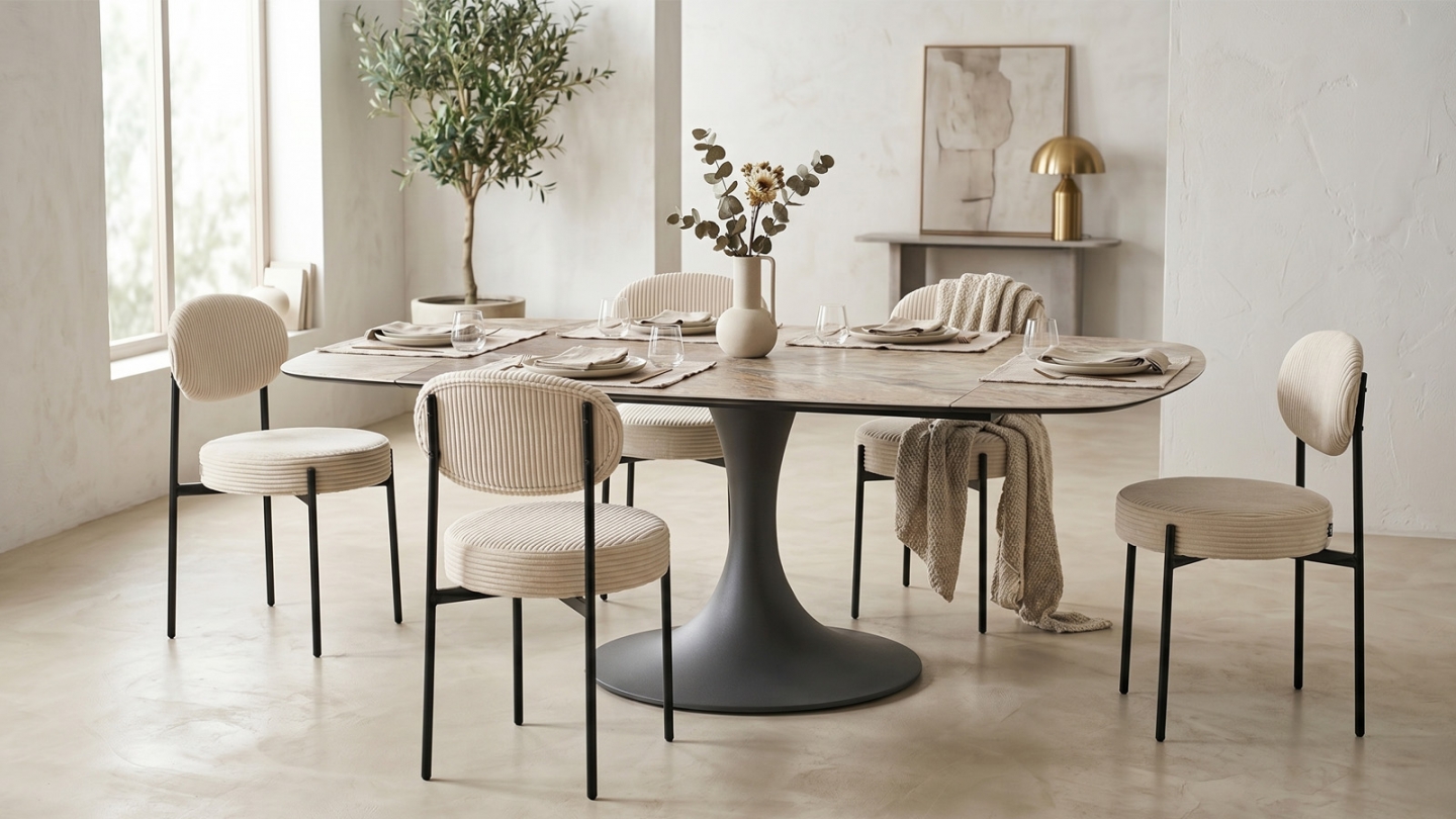 Table à manger extensible automatique 6/8 pers. en céramique effet Marbre taupe et piètement noir 115/190x190 cm - Sabbia Table à manger extensible automatique 6/8 pers. en céramique effet Marbre taupe et piètement noir 115/190x190 cm - Sabbia