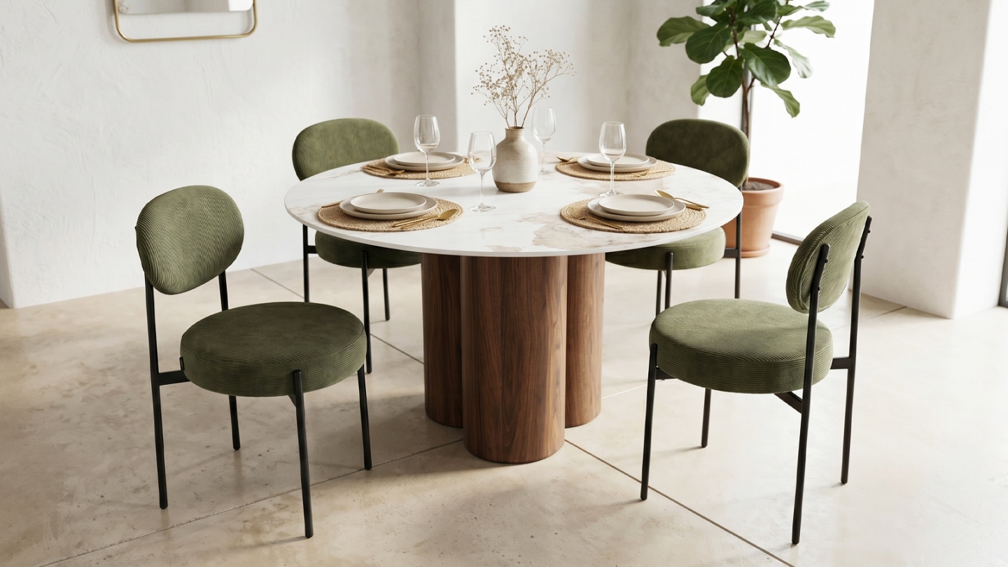 Table à manger ronde 4 pers. en céramique effet Marbre gris Pandora et piètement effet noyer Ø150 cm - Brescia Table à manger ronde 4 pers. en céramique effet Marbre gris Pandora et piètement effet noyer Ø150 cm - Brescia