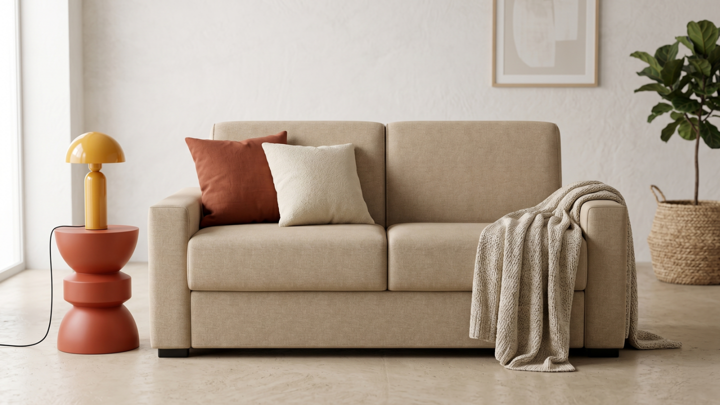 Canapé droit convertible 3 places en tissu chenille taupe - ouverture express - Anzio Canapé droit convertible 3 places en tissu chenille taupe - ouverture express - Anzio