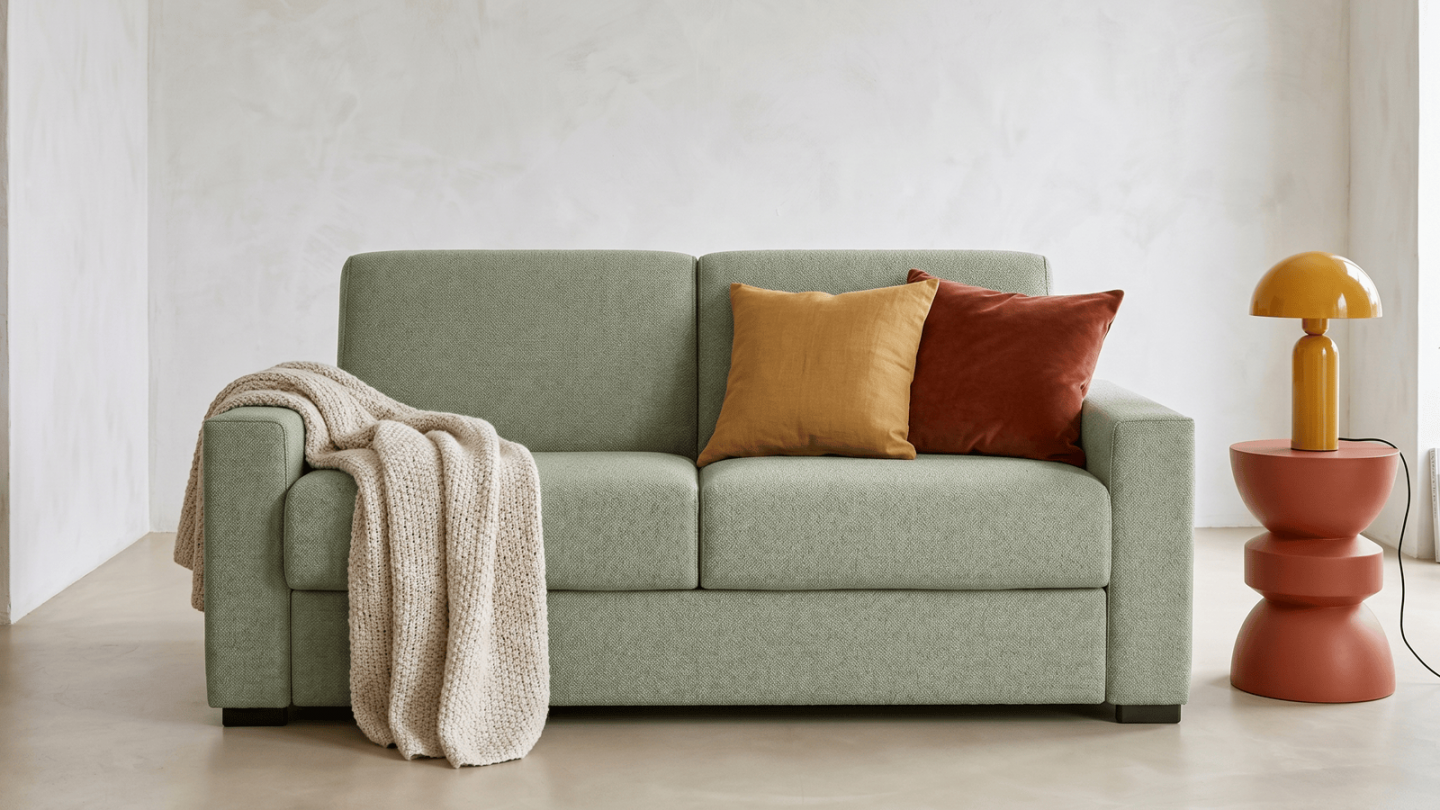 Canapé droit convertible 3 places en tissu chenille vert sauge - ouverture express - Anzio Canapé droit convertible 3 places en tissu chenille vert sauge - ouverture express - Anzio