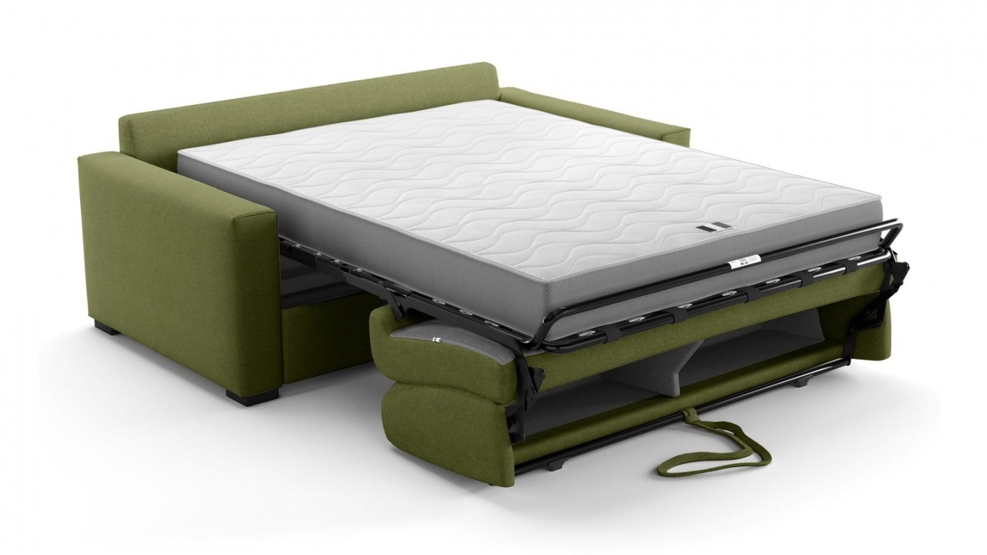 Canapé droit convertible 3 places en tissu chenille vert olive - ouverture express - Anzio Canapé droit convertible 3 places en tissu chenille vert olive - ouverture express - Anzio