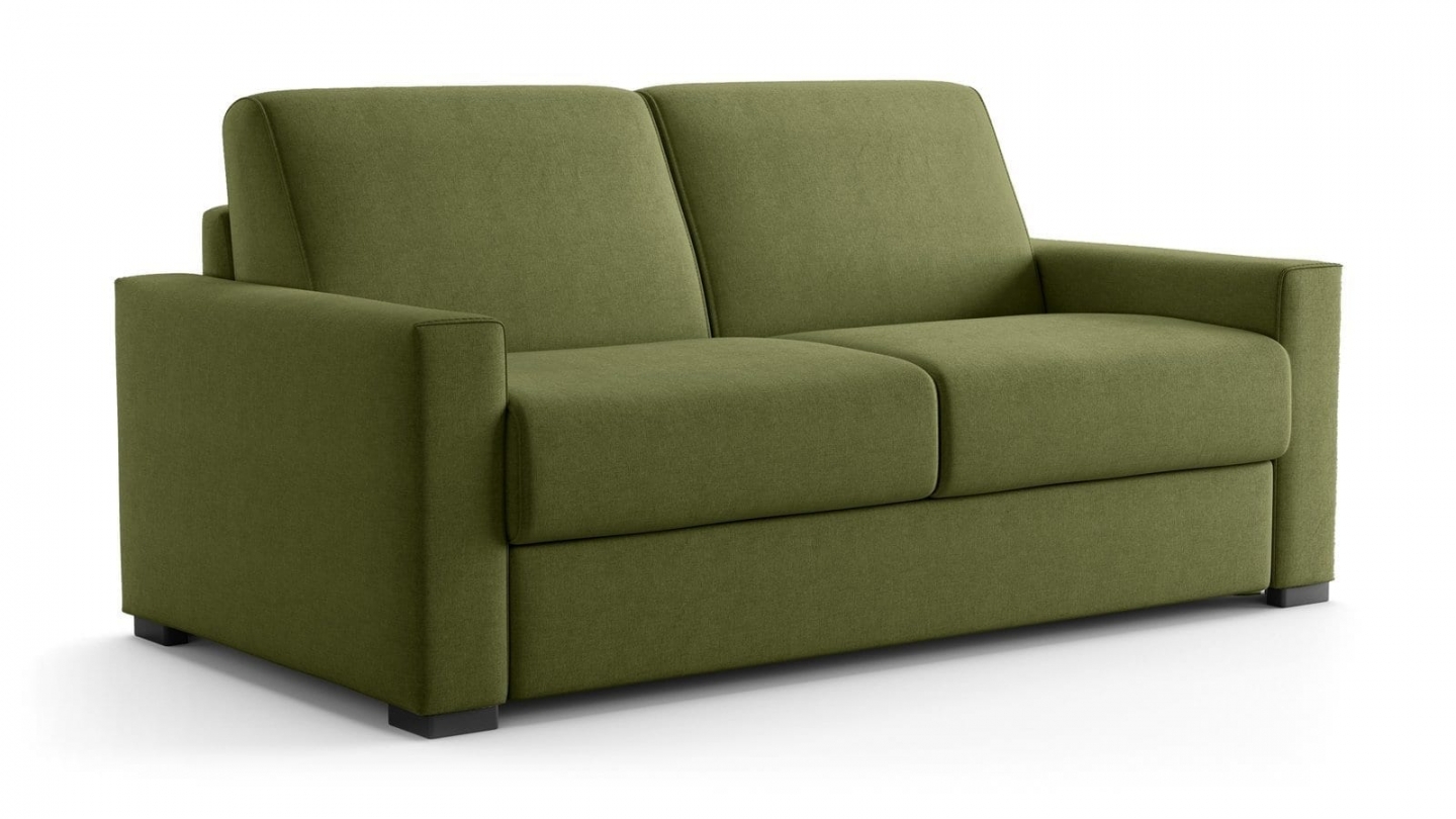 Canapé droit convertible 3 places en tissu chenille vert olive - ouverture express - Anzio Canapé droit convertible 3 places en tissu chenille vert olive - ouverture express - Anzio
