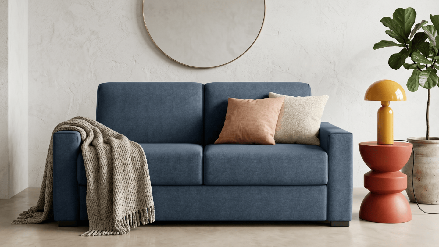 Canapé droit convertible 3 places en tissu chenille bleu foncé - ouverture express - Anzio Canapé droit convertible 3 places en tissu chenille bleu foncé - ouverture express - Anzio