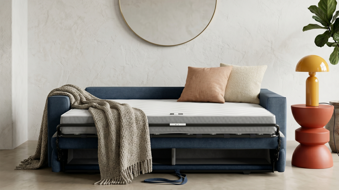 Canapé droit convertible 3 places en tissu chenille bleu foncé - ouverture express - Anzio Canapé droit convertible 3 places en tissu chenille bleu foncé - ouverture express - Anzio