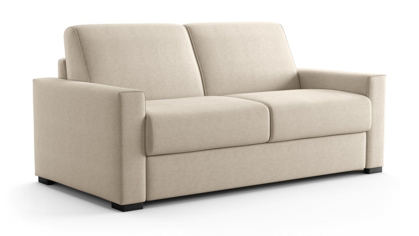 Canapé droit convertible 3 places en tissu chenille beige - ouverture express - Anzio Canapé droit convertible 3 places en tissu chenille beige - ouverture express - Anzio