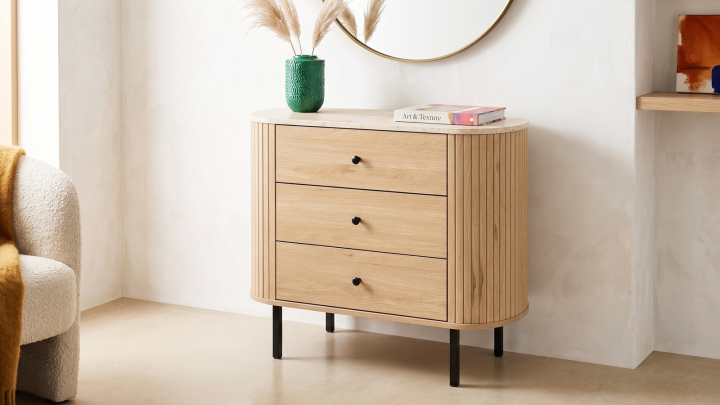 Commode 3 tiroirs effet Chêne et Travertin 80 cm - Juna Commode 3 tiroirs effet Chêne et Travertin 80 cm - Juna