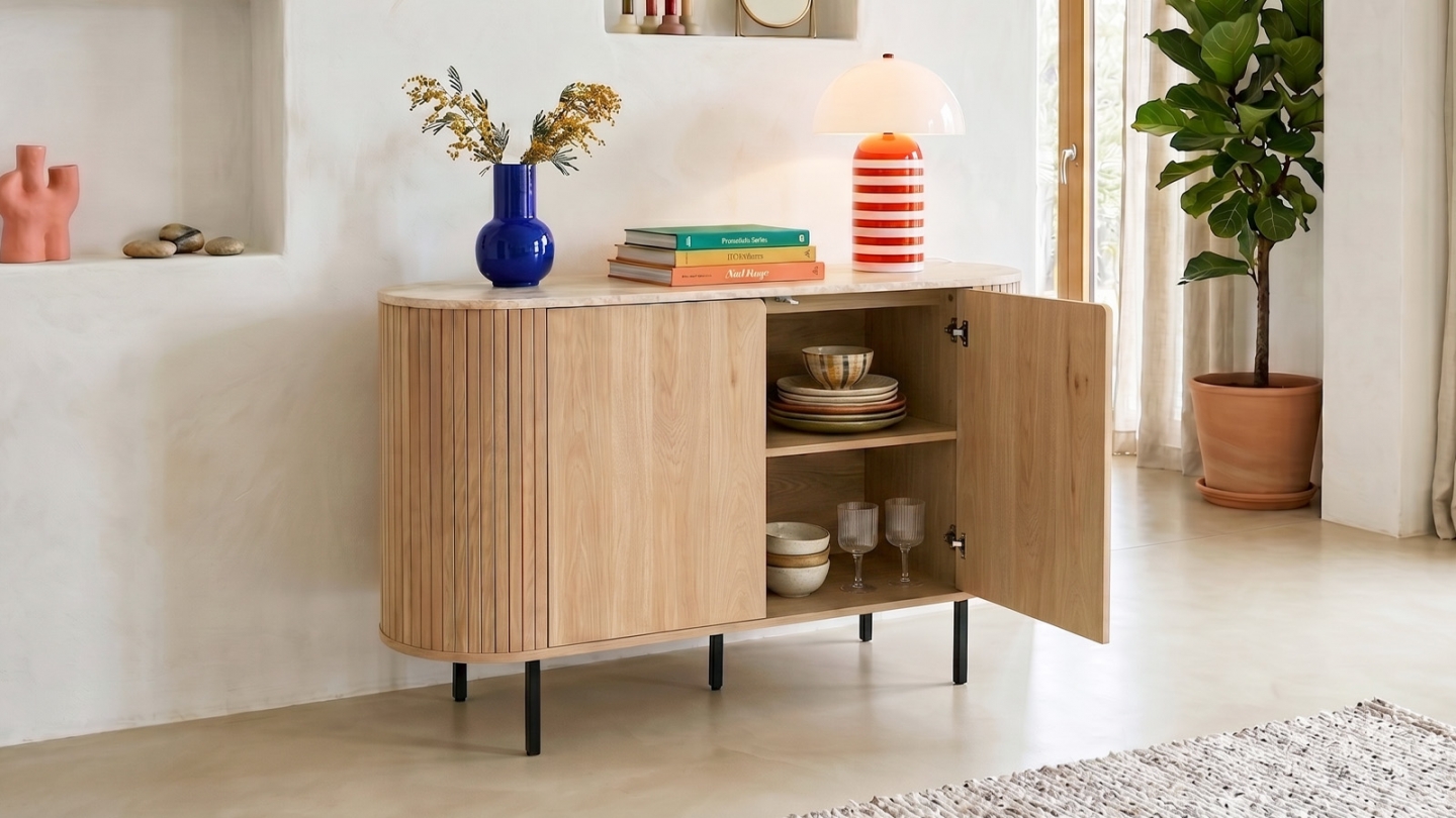Buffet 2 portes effet Chêne et Travertin 120 cm - Juna Buffet 2 portes effet Chêne et Travertin 120 cm - Juna