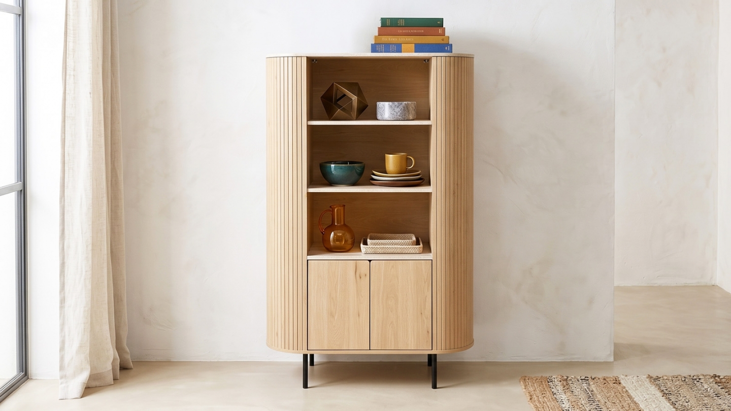 Buffet haut 2 portes 3 niches effet Chêne et Travertin 100 cm - Juna Buffet haut 2 portes 3 niches effet Chêne et Travertin 100 cm - Juna