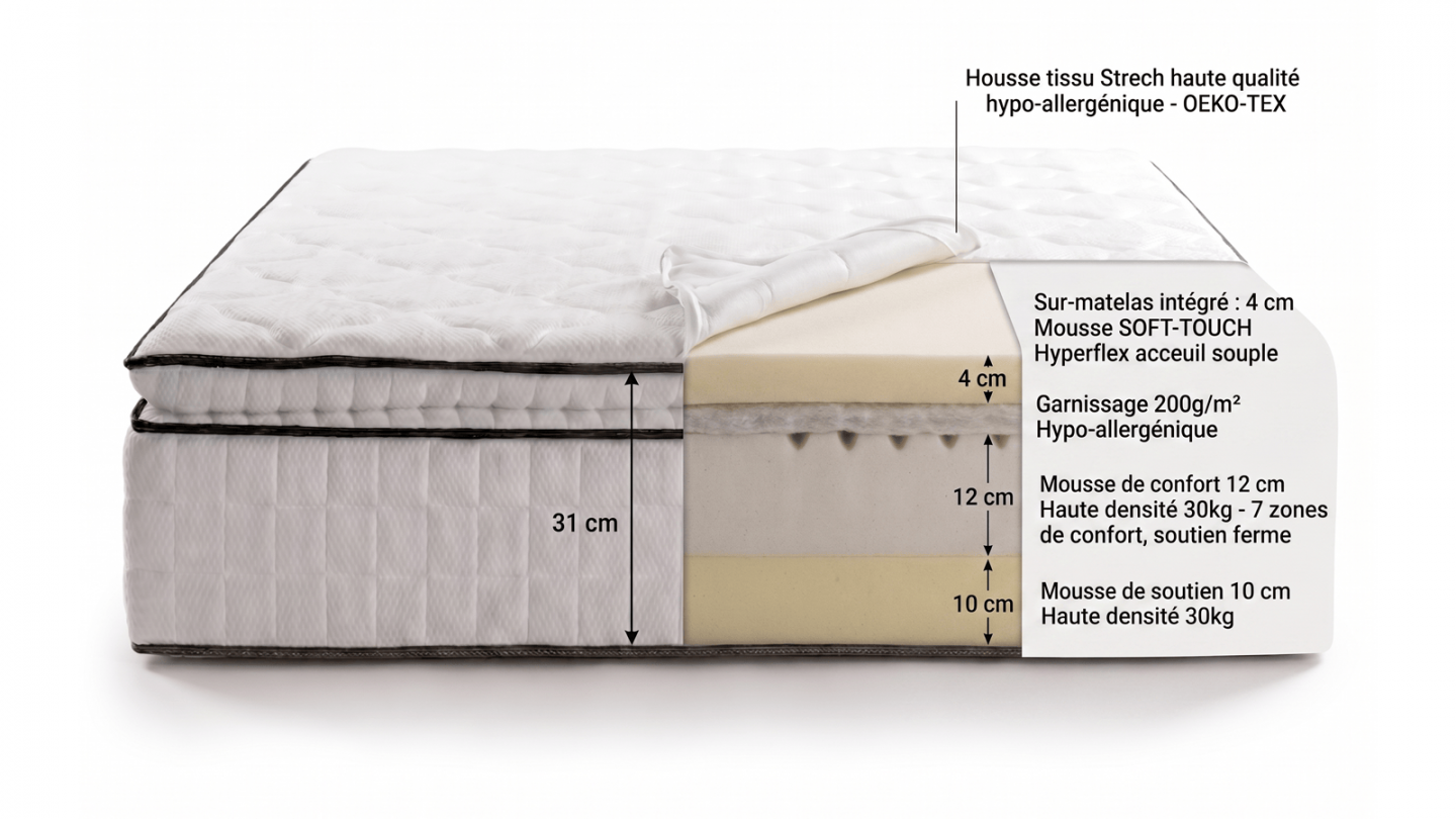 Matelas à ressorts ensachés 90x190 cm avec surmatelas intégré - Confort Palace Matelas à ressorts ensachés 90x190 cm avec surmatelas intégré - Confort Palace