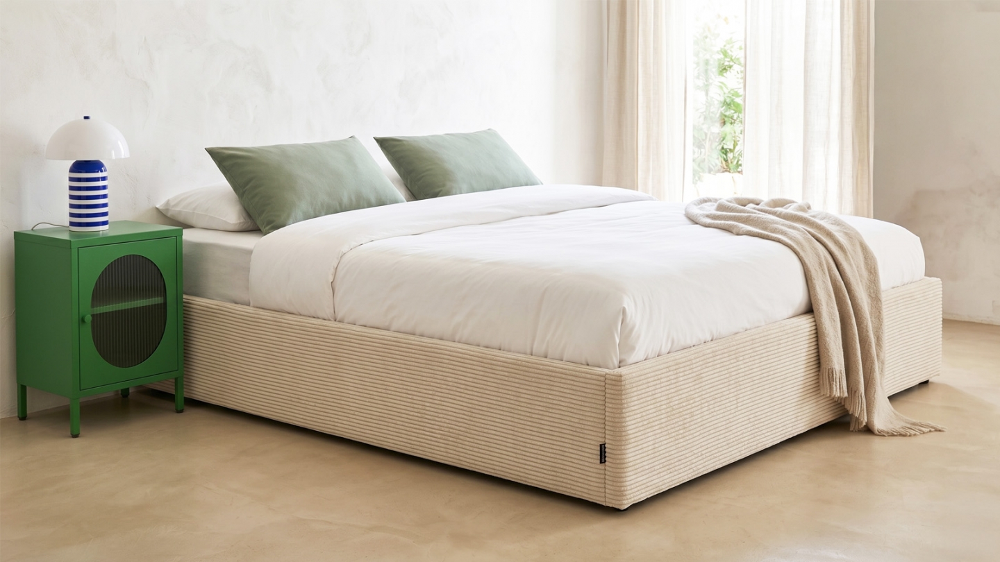 Lit coffre adulte 140x190 cm en velours côtelé beige avec sommier - Handy Lit coffre adulte 140x190 cm en velours côtelé beige avec sommier - Handy